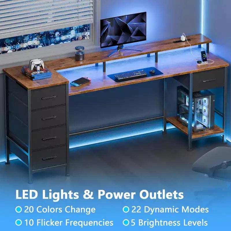 Bureau d'ordinateur brun de 61 pouces avec station de charge, bureau de jeu avec lumières LED, 5 tiroirs en tissu réversibles, table d'écriture et de rangement pour bureau à domicile