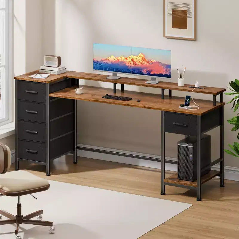 Bureau d'ordinateur brun de 61 pouces avec station de charge, bureau de jeu avec lumières LED, 5 tiroirs en tissu réversibles, table d'écriture et de rangement pour bureau à domicile
