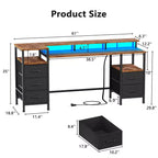 Bureau d'ordinateur brun de 61 pouces avec station de charge, bureau de jeu avec lumières LED, 5 tiroirs en tissu réversibles, table d'écriture et de rangement pour bureau à domicile
