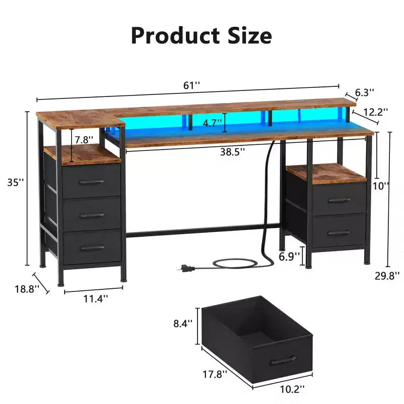Bureau d'ordinateur brun de 61 pouces avec station de charge, bureau de jeu avec lumières LED, 5 tiroirs en tissu réversibles, table d'écriture et de rangement pour bureau à domicile