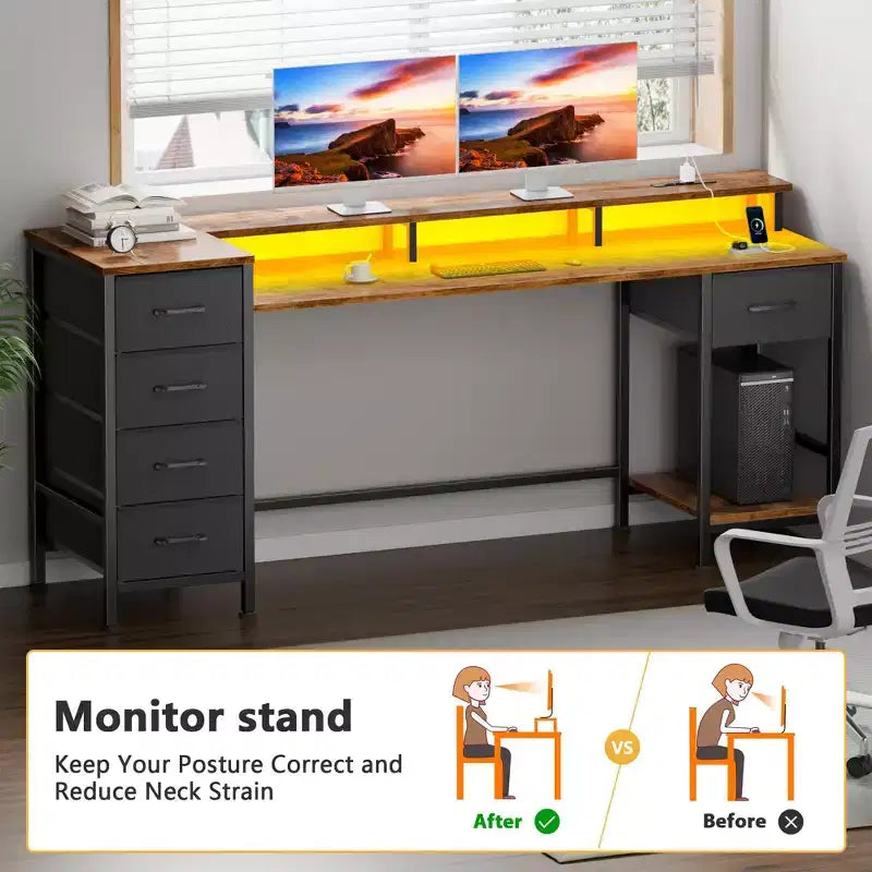 Bureau d'ordinateur brun de 61 pouces avec station de charge, bureau de jeu avec lumières LED, 5 tiroirs en tissu réversibles, table d'écriture et de rangement pour bureau à domicile