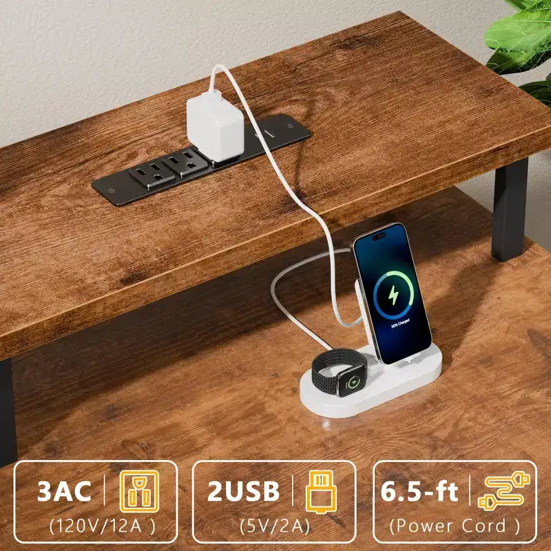 Bureau d'ordinateur brun de 61 pouces avec station de charge, bureau de jeu avec lumières LED, 5 tiroirs en tissu réversibles, table d'écriture et de rangement pour bureau à domicile