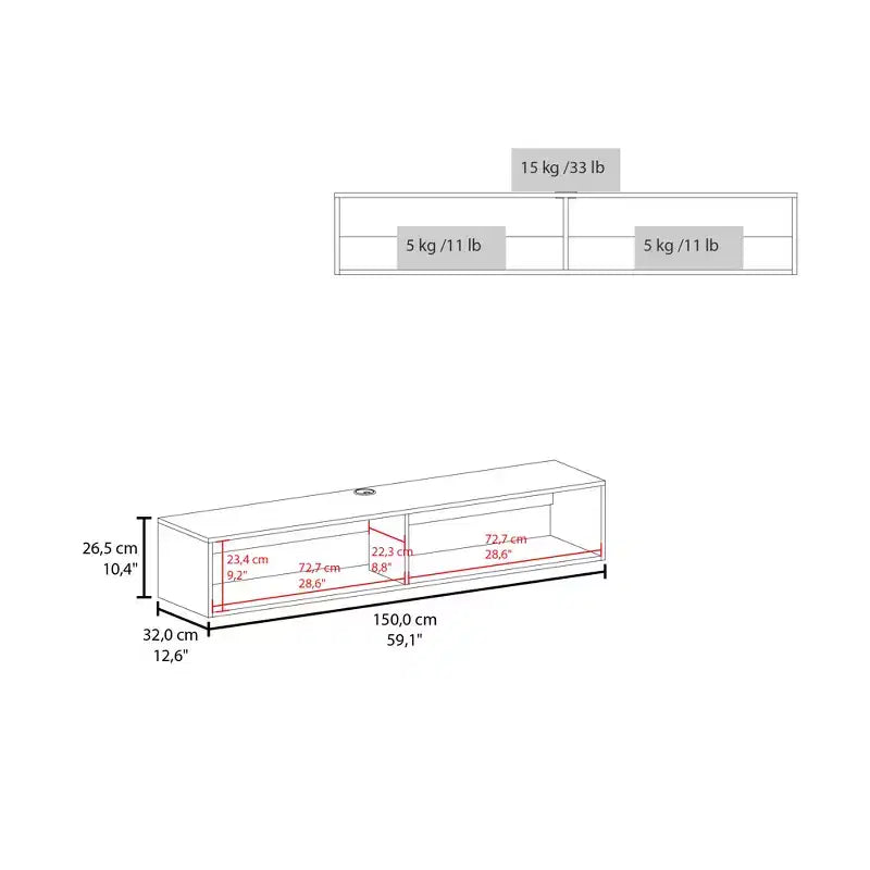 Meuble TV mural moderne JVNOXK de 150 cm, compatible avec les téléviseurs de 60 pouces et moins, pour salon, avec 2 étagères, en bois avec trous pour câbles, noir