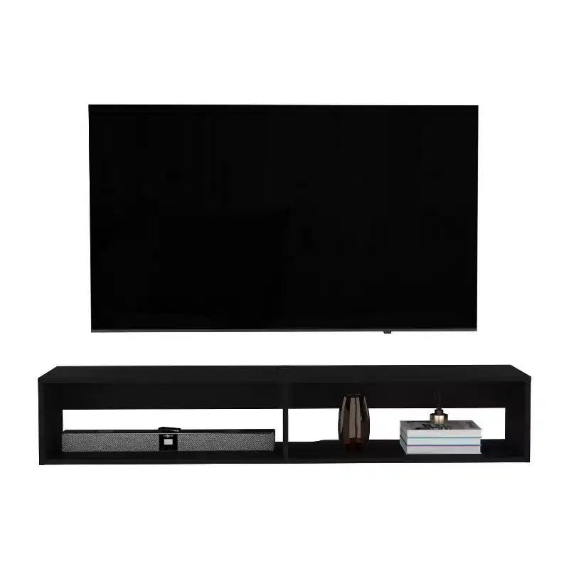 Meuble TV mural moderne JVNOXK de 150 cm, compatible avec les téléviseurs de 60 pouces et moins, pour salon, avec 2 étagères, en bois avec trous pour câbles, noir