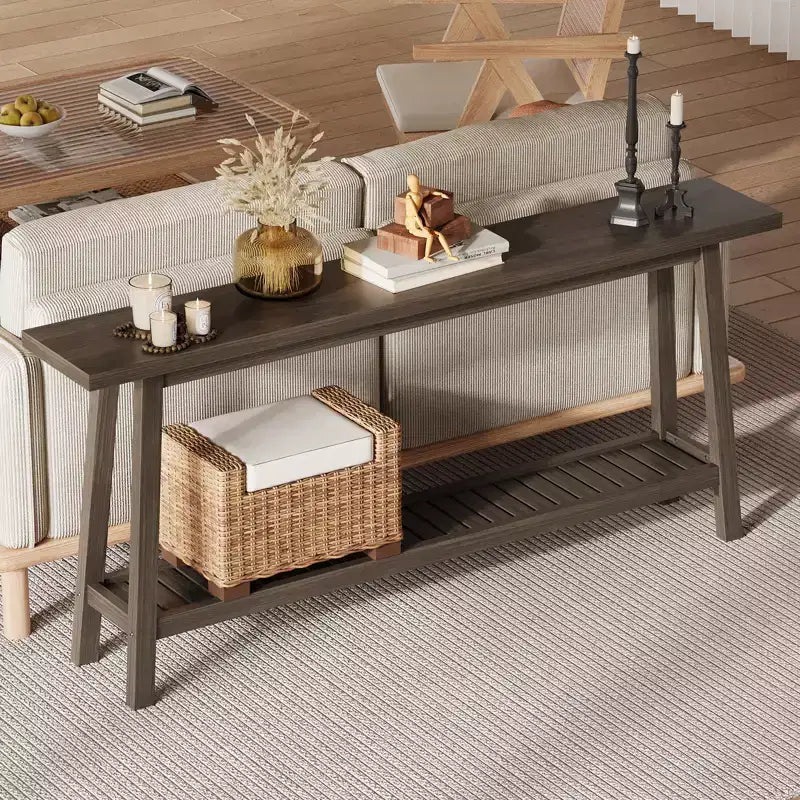 Console, Table de Canapé Étroite à 2 Niveaux Derrière le Canapé, Table d'Entrée Extra Longue pour Couloir, Table d'Entrée de Ferme Industrielle pour Salon, Foyer