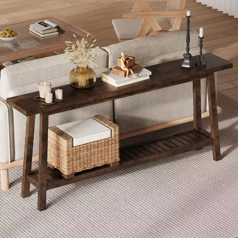 Console, Table de Canapé Étroite à 2 Niveaux Derrière le Canapé, Table d'Entrée Extra Longue pour Couloir, Table d'Entrée de Ferme Industrielle pour Salon, Foyer