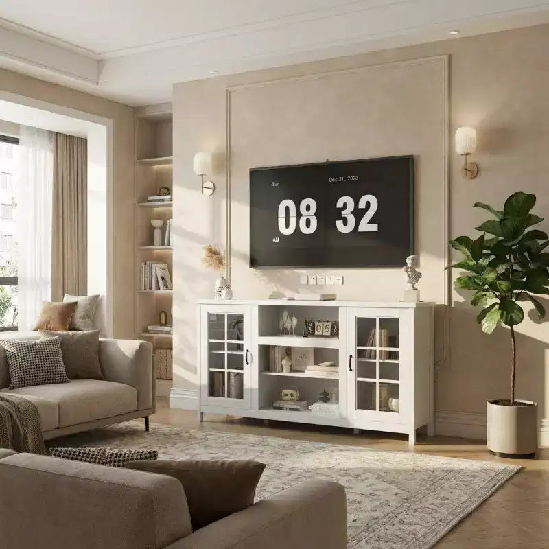 Meuble TV de 65 pouces, meuble de divertissement moderne en bois avec armoires de rangement, table de console multimédia pour salon et bureau