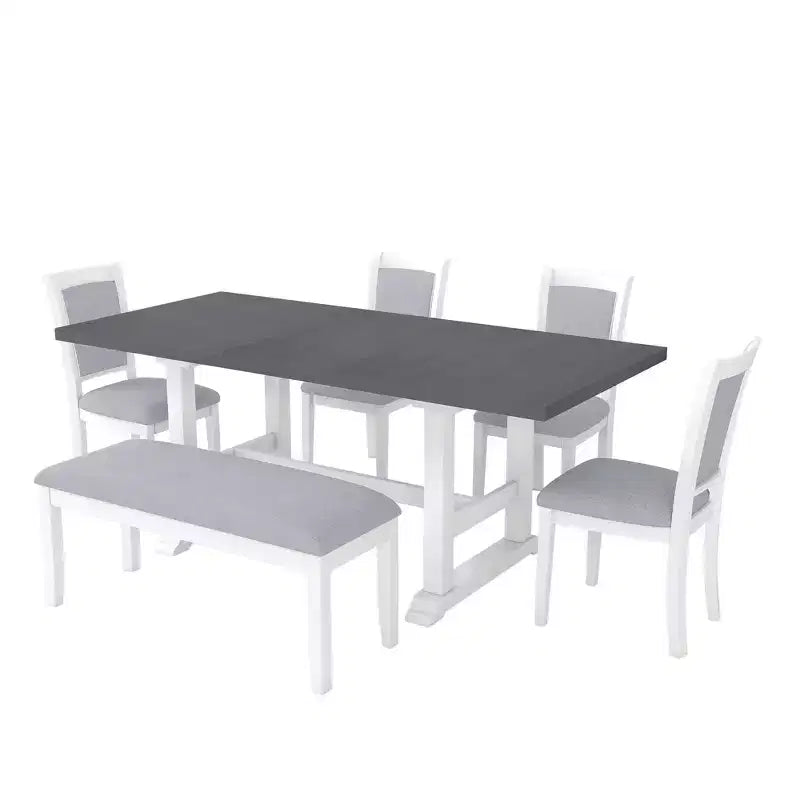 Ensemble de salle à manger rustique extensible 6 pièces Whisen, comprenant une table de salle à manger à tréteaux de 195,3 cm et 4 chaises de salle à manger rembourrées, 1 banc.