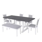 Ensemble de salle à manger rustique extensible 6 pièces Whisen, comprenant une table de salle à manger à tréteaux de 195,3 cm et 4 chaises de salle à manger rembourrées, 1 banc.