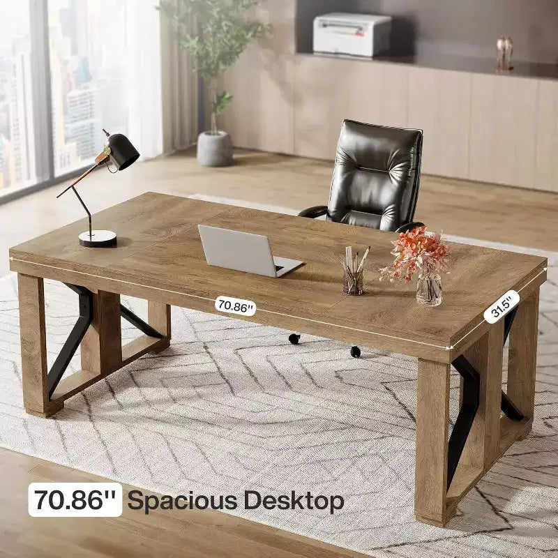 Bureau de direction Lantine de 180 cm, grand bureau d'ordinateur en bois avec double piédestal robuste, poste de travail moderne pour bureau à domicile, marron