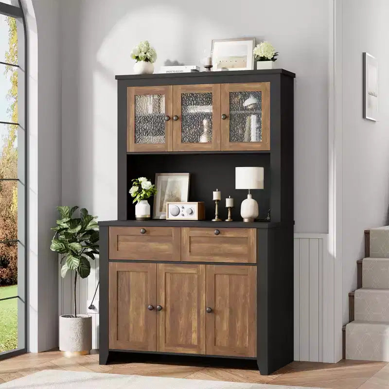 Meuble haut de rangement de 168 cm avec lumières LED, station de charge, tiroirs de rangement et étagères réglables pour salle à manger et salon