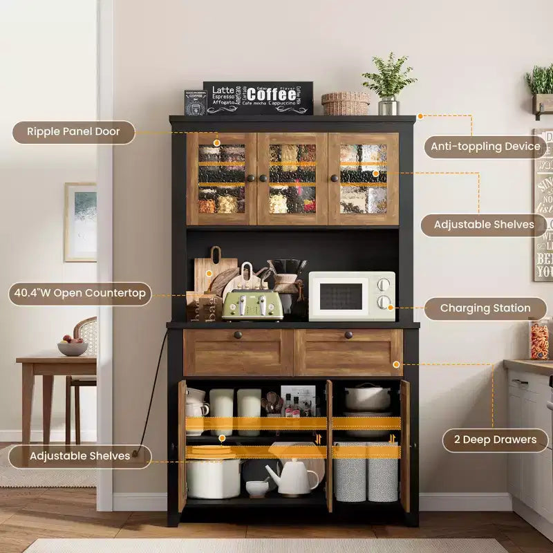 Meuble haut de rangement de 168 cm avec lumières LED, station de charge, tiroirs de rangement et étagères réglables pour salle à manger et salon