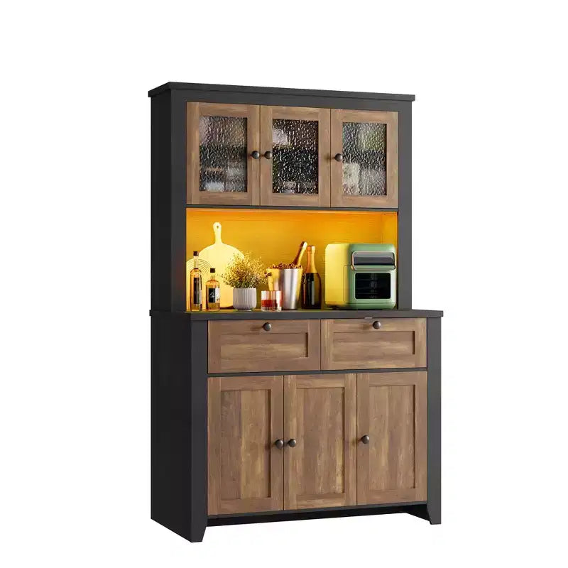 Meuble haut de rangement de 168 cm avec lumières LED, station de charge, tiroirs de rangement et étagères réglables pour salle à manger et salon