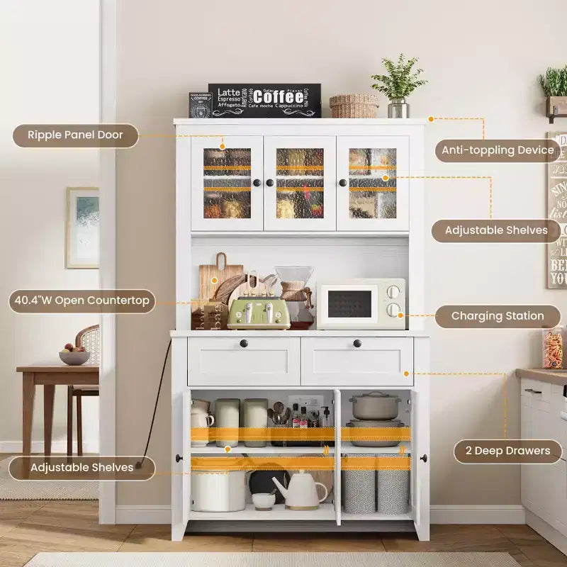 Meuble haut de rangement de 168 cm avec lumières LED, station de charge, tiroirs de rangement et étagères réglables pour salle à manger et salon