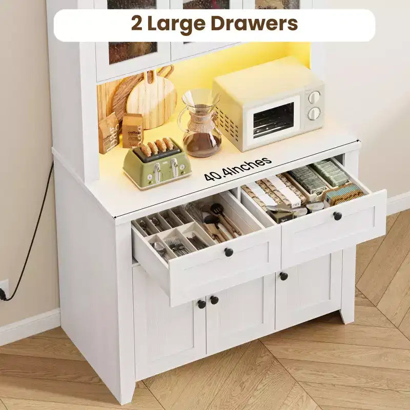 Meuble haut de rangement de 168 cm avec lumières LED, station de charge, tiroirs de rangement et étagères réglables pour salle à manger et salon