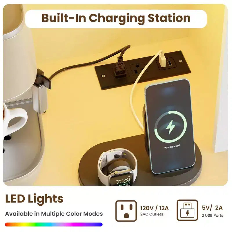 Meuble haut de rangement de 168 cm avec lumières LED, station de charge, tiroirs de rangement et étagères réglables pour salle à manger et salon