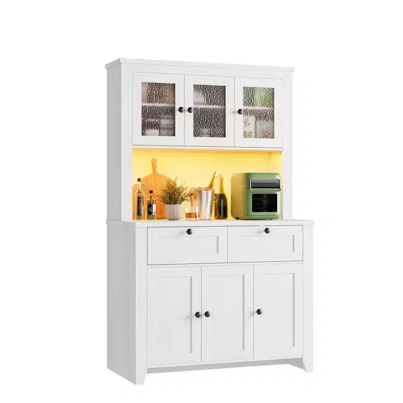 Meuble haut de rangement de 168 cm avec lumières LED, station de charge, tiroirs de rangement et étagères réglables pour salle à manger et salon