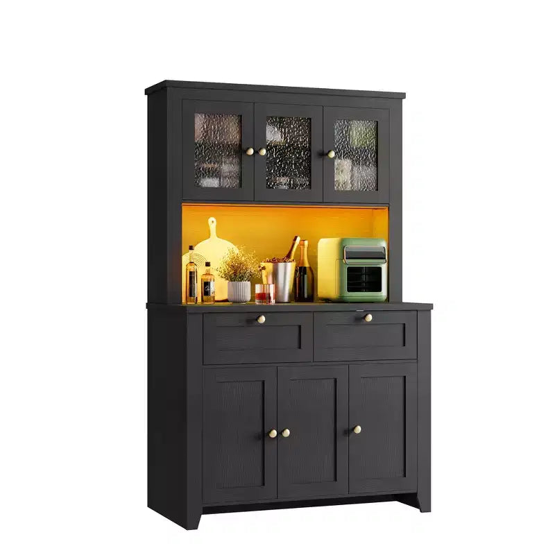 Meuble haut de rangement de 168 cm avec lumières LED, station de charge, tiroirs de rangement et étagères réglables pour salle à manger et salon