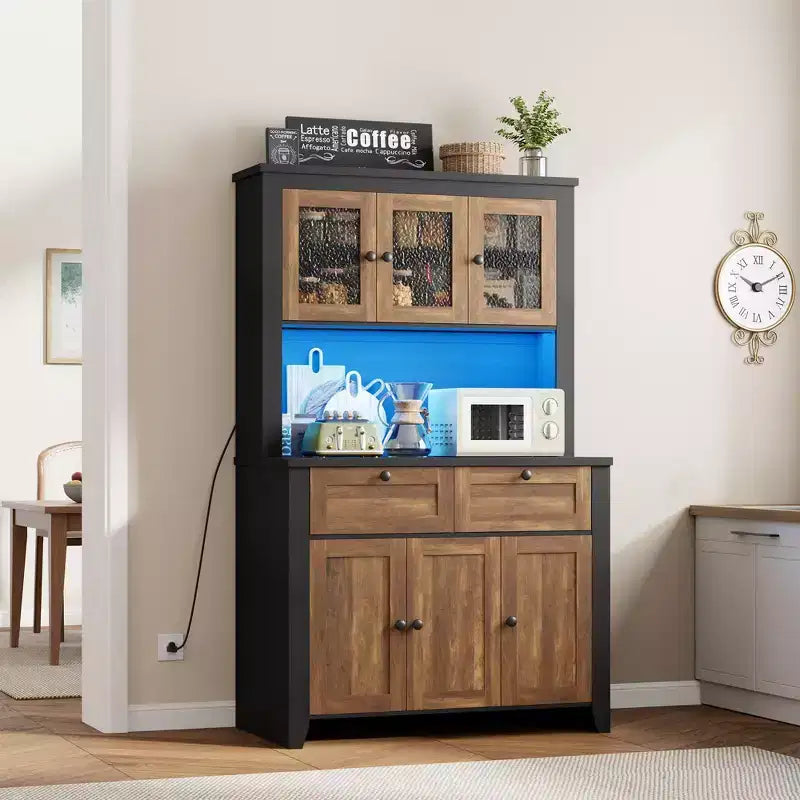 Meuble haut de rangement de 168 cm avec lumières LED, station de charge, tiroirs de rangement et étagères réglables pour salle à manger et salon