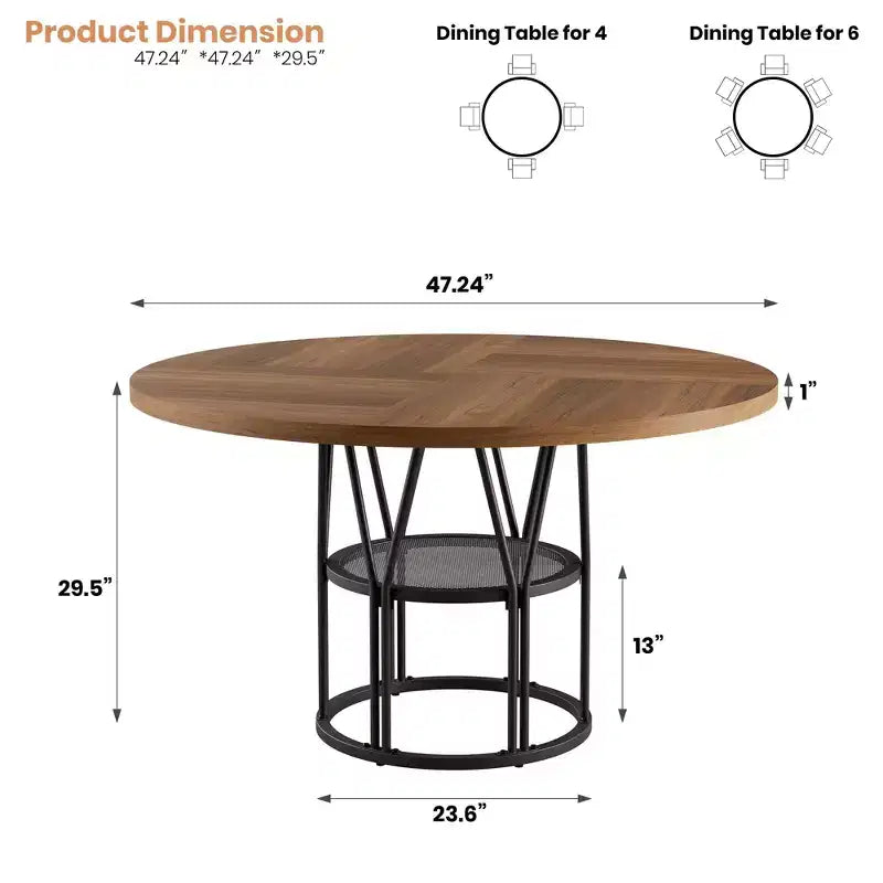 Coolmee 47 Table à manger ronde avec rangement, Table de cuisine moderne pour 4-6, Table de dîner circulaire à cadre métallique pour petit espace, appartement, salon