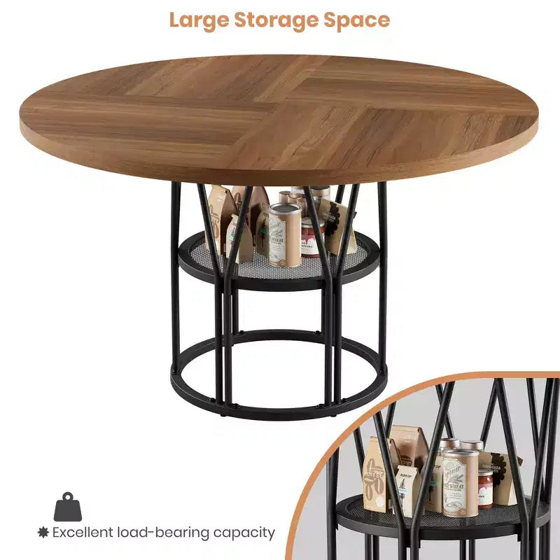 Coolmee 47 Table à manger ronde avec rangement, Table de cuisine moderne pour 4-6, Table de dîner circulaire à cadre métallique pour petit espace, appartement, salon