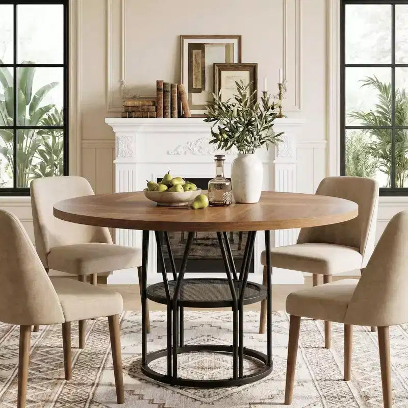 Coolmee 47 Table à manger ronde avec rangement, Table de cuisine moderne pour 4-6, Table de dîner circulaire à cadre métallique pour petit espace, appartement, salon