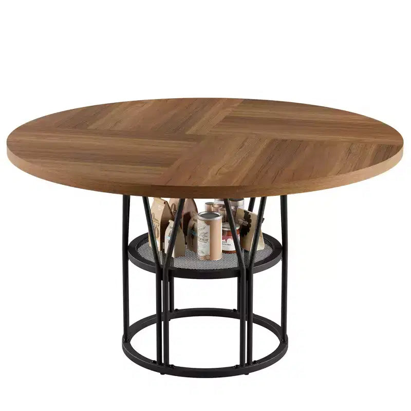 Coolmee 47 Table à manger ronde avec rangement, Table de cuisine moderne pour 4-6, Table de dîner circulaire à cadre métallique pour petit espace, appartement, salon