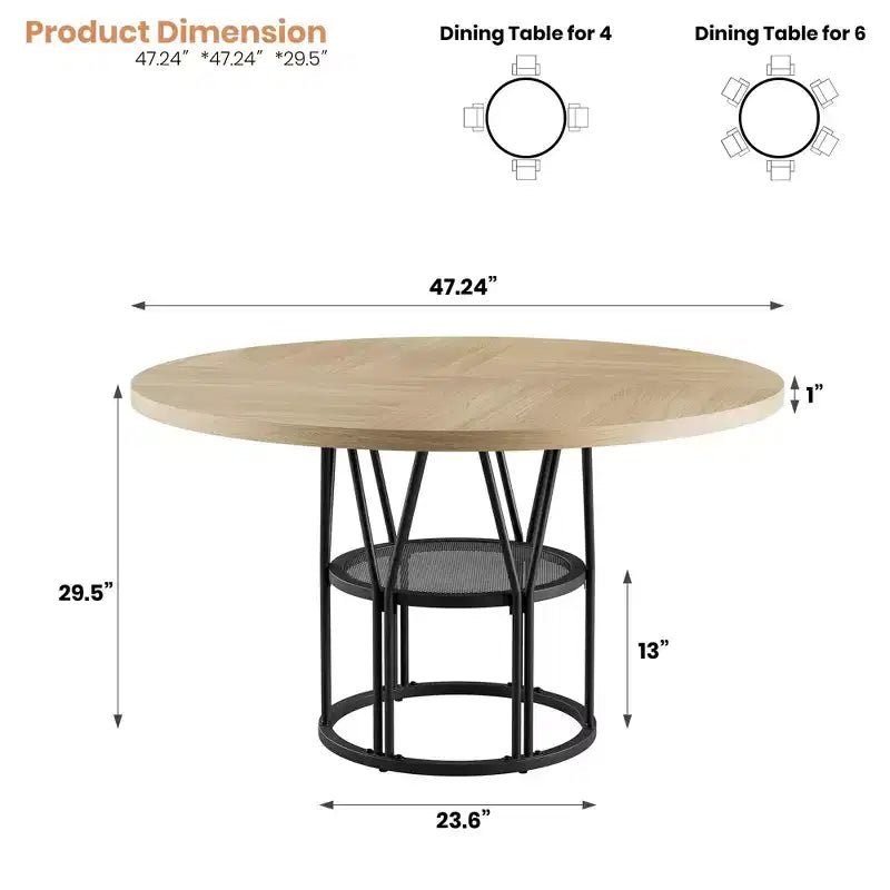 Coolmee 47 Table à manger ronde avec rangement, Table de cuisine moderne pour 4-6, Table de dîner circulaire à cadre métallique pour petit espace, appartement, salon