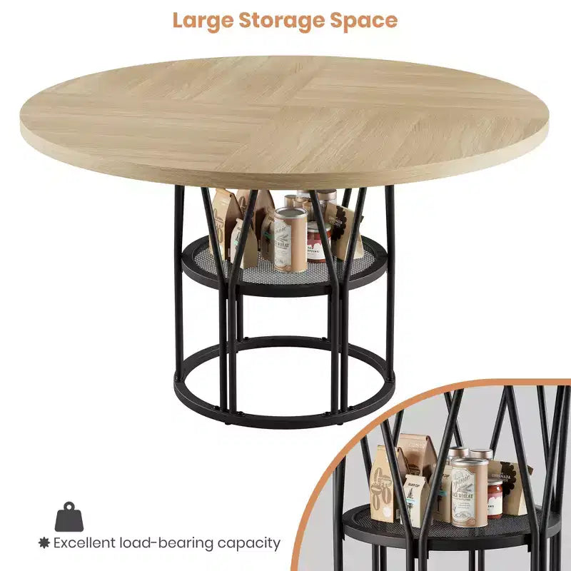 Coolmee 47 Table à manger ronde avec rangement, Table de cuisine moderne pour 4-6, Table de dîner circulaire à cadre métallique pour petit espace, appartement, salon