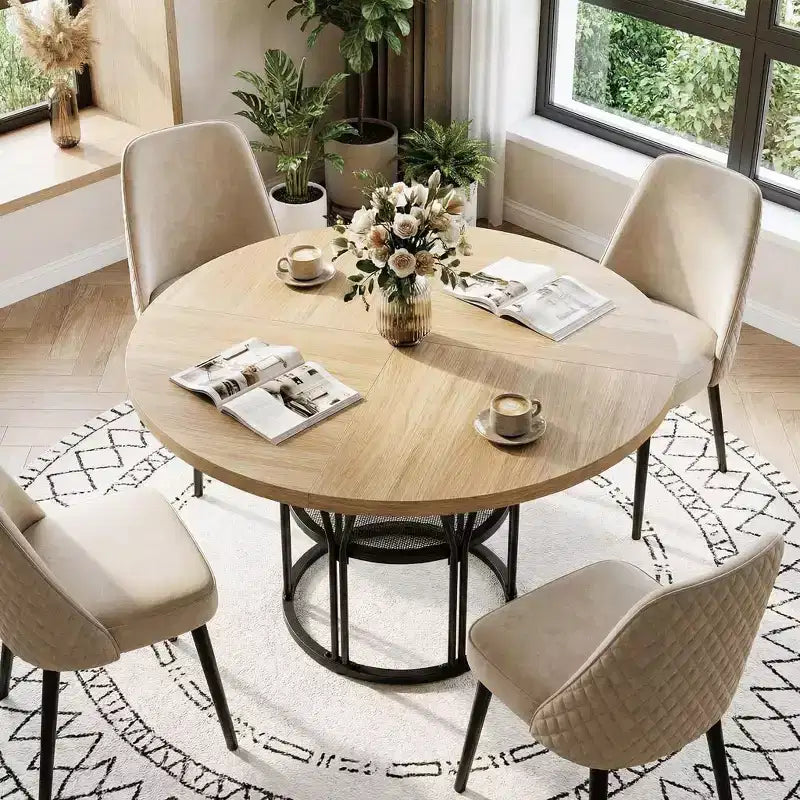 Coolmee 47 Table à manger ronde avec rangement, Table de cuisine moderne pour 4-6, Table de dîner circulaire à cadre métallique pour petit espace, appartement, salon
