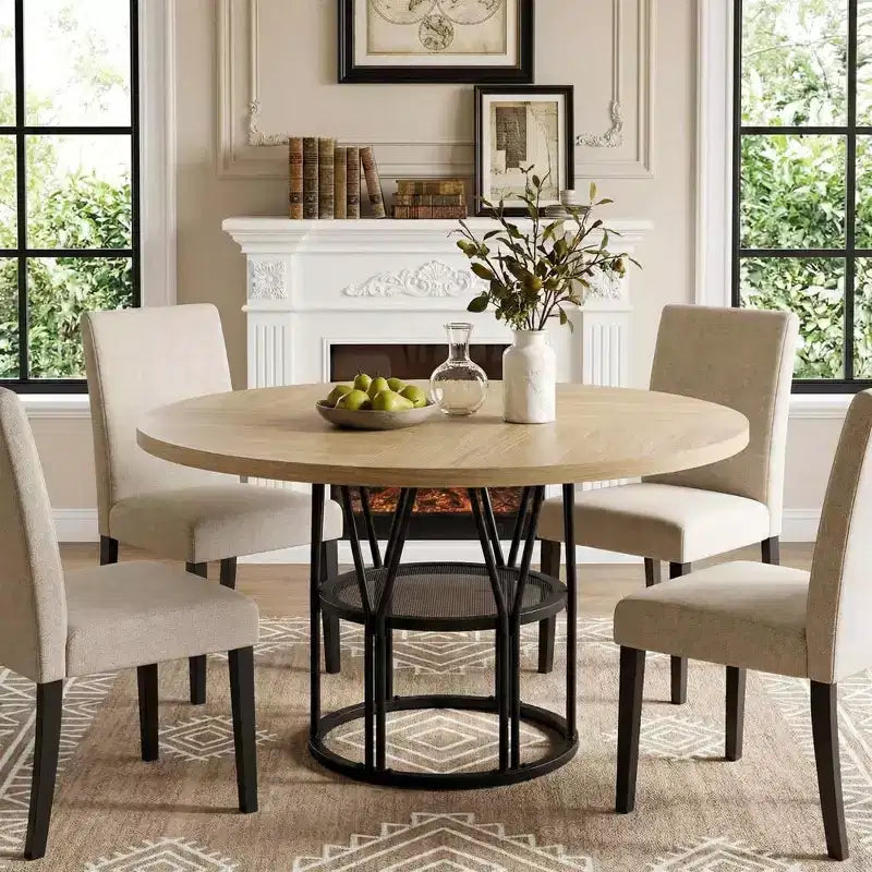 Coolmee 47 Table à manger ronde avec rangement, Table de cuisine moderne pour 4-6, Table de dîner circulaire à cadre métallique pour petit espace, appartement, salon