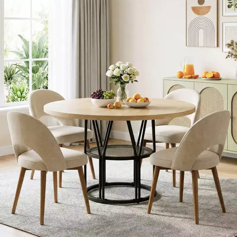 Coolmee 47 Table à manger ronde avec rangement, Table de cuisine moderne pour 4-6, Table de dîner circulaire à cadre métallique pour petit espace, appartement, salon