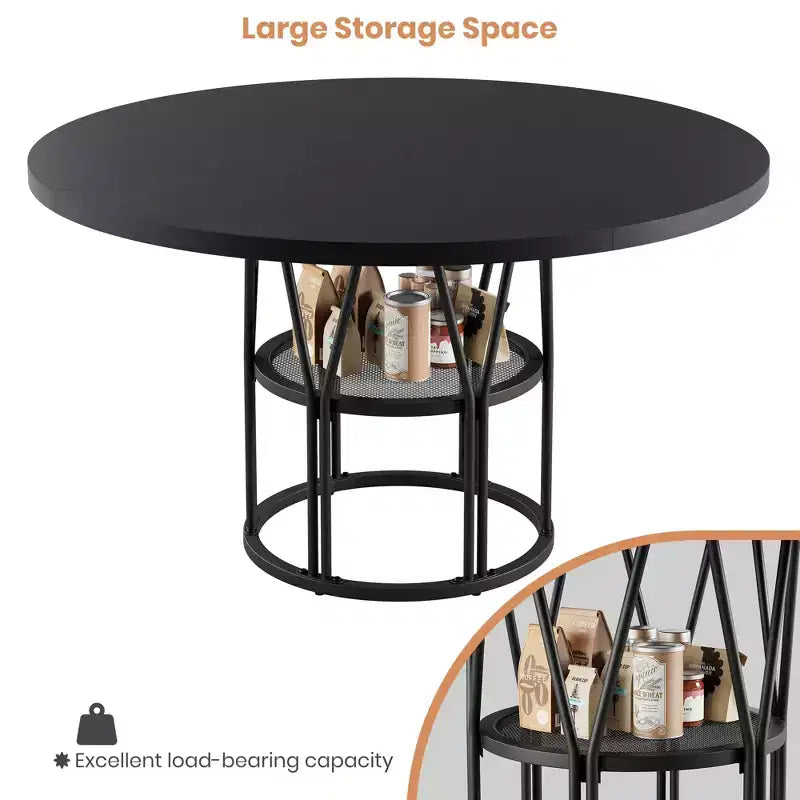 Coolmee 47 Table à manger ronde avec rangement, Table de cuisine moderne pour 4-6, Table de dîner circulaire à cadre métallique pour petit espace, appartement, salon