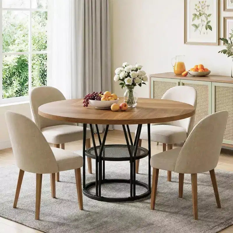 Coolmee 47 Table à manger ronde avec rangement, Table de cuisine moderne pour 4-6, Table de dîner circulaire à cadre métallique pour petit espace, appartement, salon