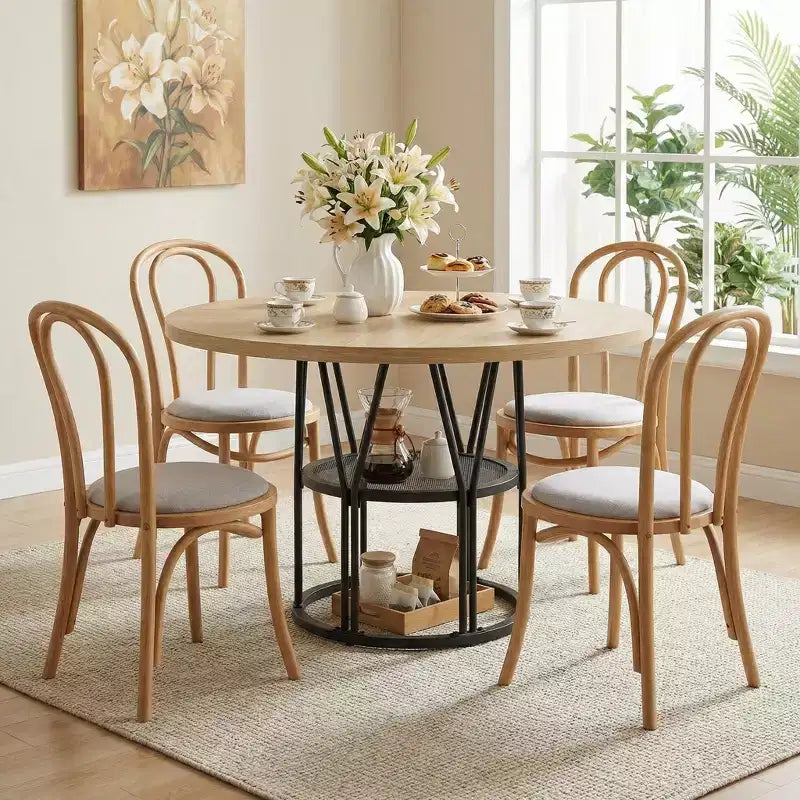 Coolmee 47 Table à manger ronde avec rangement, Table de cuisine moderne pour 4-6, Table de dîner circulaire à cadre métallique pour petit espace, appartement, salon