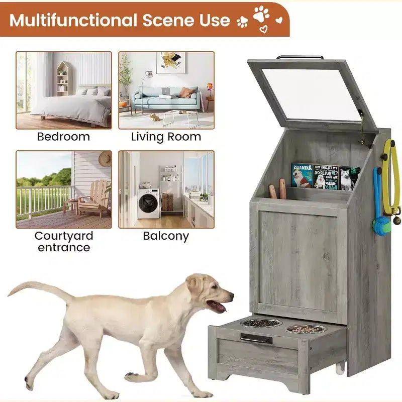 Station d'alimentation surélevée pour chien avec armoire de rangement - Comprend 2 gamelles surélevées, 3 crochets et un organisateur de récipient de nourriture caché pour les aliments et accessoires pour animaux de compagnie