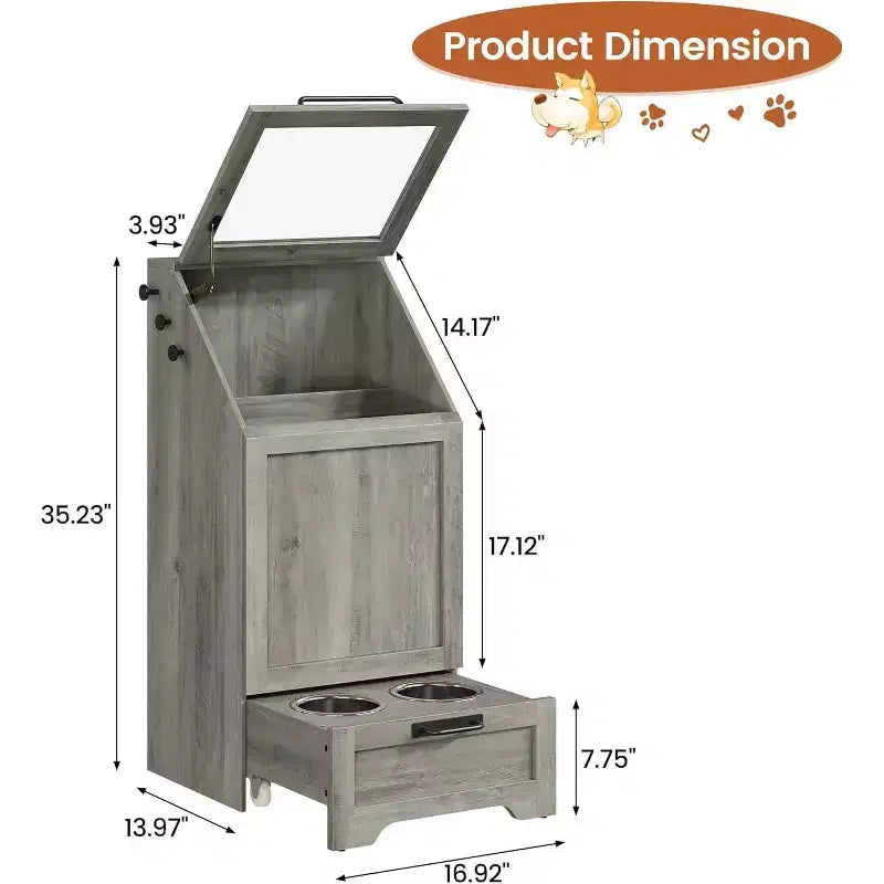 Station d'alimentation surélevée pour chien avec armoire de rangement - Comprend 2 gamelles surélevées, 3 crochets et un organisateur de récipient de nourriture caché pour les aliments et accessoires pour animaux de compagnie