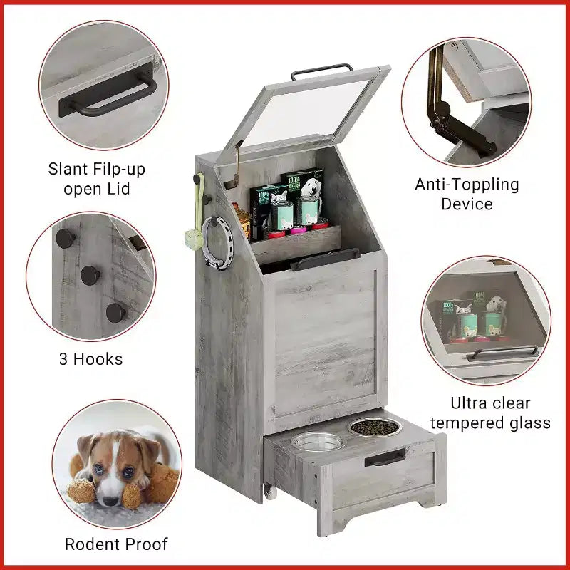 Station d'alimentation surélevée pour chien avec armoire de rangement - Comprend 2 gamelles surélevées, 3 crochets et un organisateur de récipient de nourriture caché pour les aliments et accessoires pour animaux de compagnie