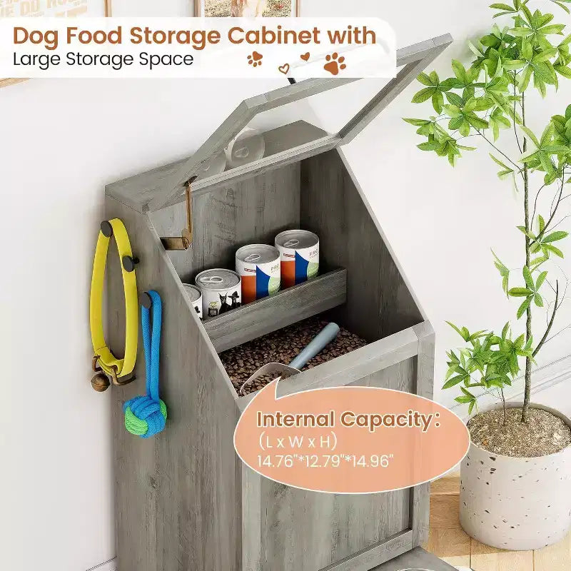 Station d'alimentation surélevée pour chien avec armoire de rangement - Comprend 2 gamelles surélevées, 3 crochets et un organisateur de récipient de nourriture caché pour les aliments et accessoires pour animaux de compagnie