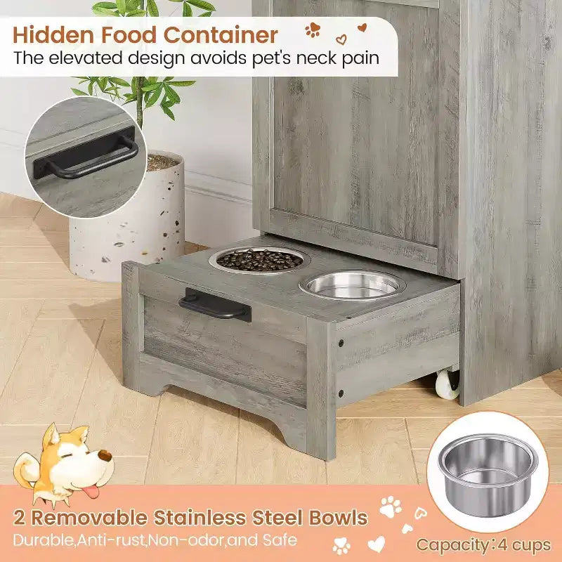 Station d'alimentation surélevée pour chien avec armoire de rangement - Comprend 2 gamelles surélevées, 3 crochets et un organisateur de récipient de nourriture caché pour les aliments et accessoires pour animaux de compagnie