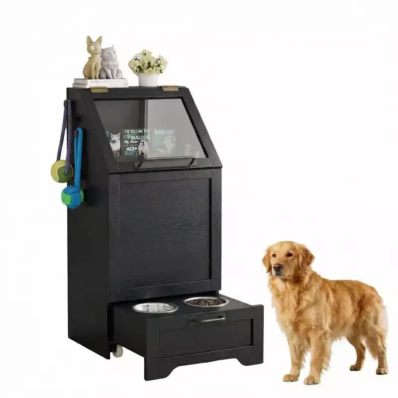 Station d'alimentation surélevée pour chien avec armoire de rangement - Comprend 2 gamelles surélevées, 3 crochets et un organisateur de récipient de nourriture caché pour les aliments et accessoires pour animaux de compagnie