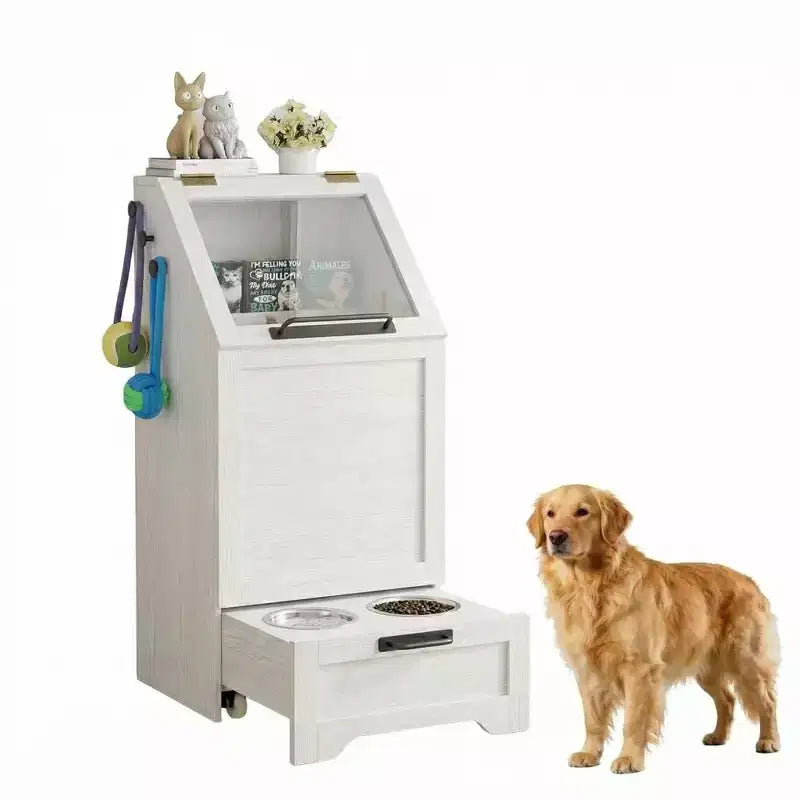 Station d'alimentation surélevée pour chien avec armoire de rangement - Comprend 2 gamelles surélevées, 3 crochets et un organisateur de récipient de nourriture caché pour les aliments et accessoires pour animaux de compagnie
