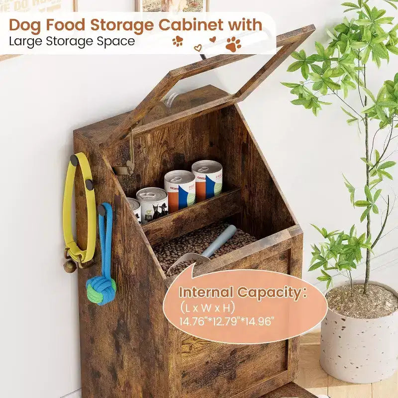 Station d'alimentation surélevée pour chien avec armoire de rangement - Comprend 2 gamelles surélevées, 3 crochets et un organisateur de récipient de nourriture caché pour les aliments et accessoires pour animaux de compagnie