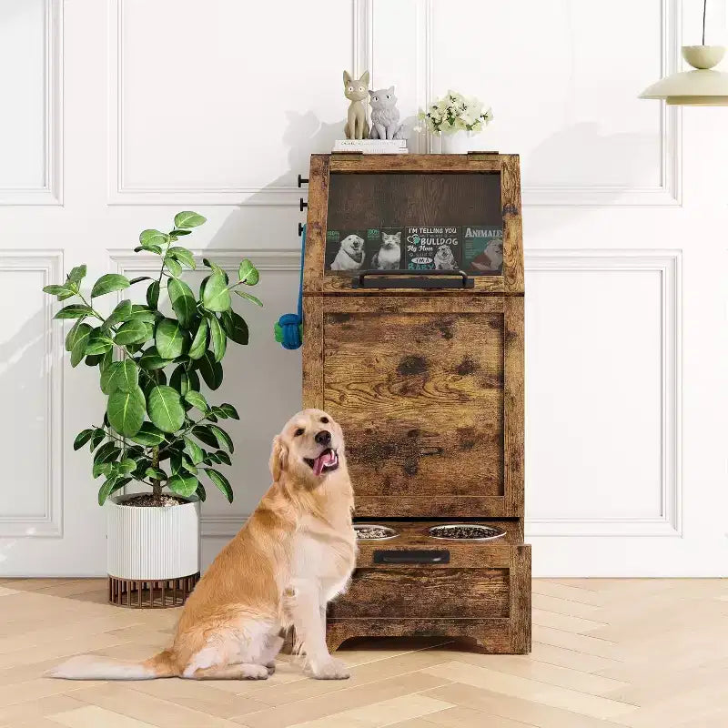 Station d'alimentation surélevée pour chien avec armoire de rangement - Comprend 2 gamelles surélevées, 3 crochets et un organisateur de récipient de nourriture caché pour les aliments et accessoires pour animaux de compagnie