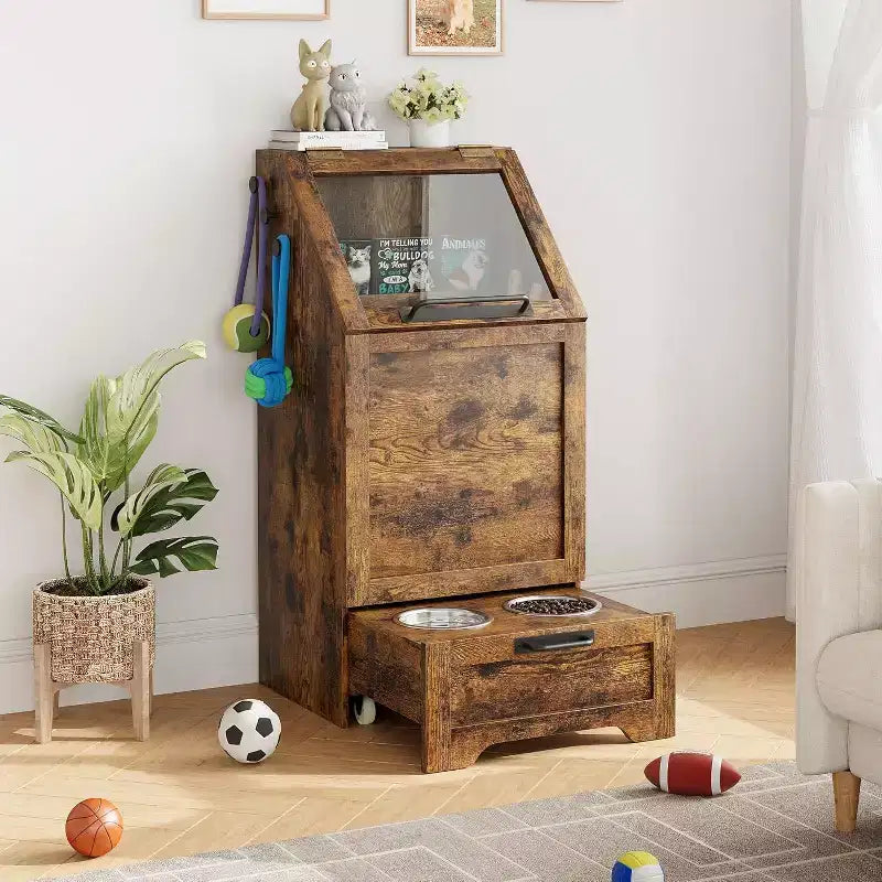Station d'alimentation surélevée pour chien avec armoire de rangement - Comprend 2 gamelles surélevées, 3 crochets et un organisateur de récipient de nourriture caché pour les aliments et accessoires pour animaux de compagnie