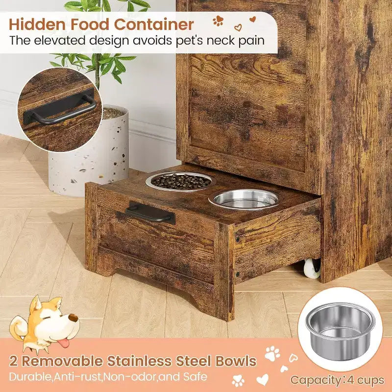 Station d'alimentation surélevée pour chien avec armoire de rangement - Comprend 2 gamelles surélevées, 3 crochets et un organisateur de récipient de nourriture caché pour les aliments et accessoires pour animaux de compagnie