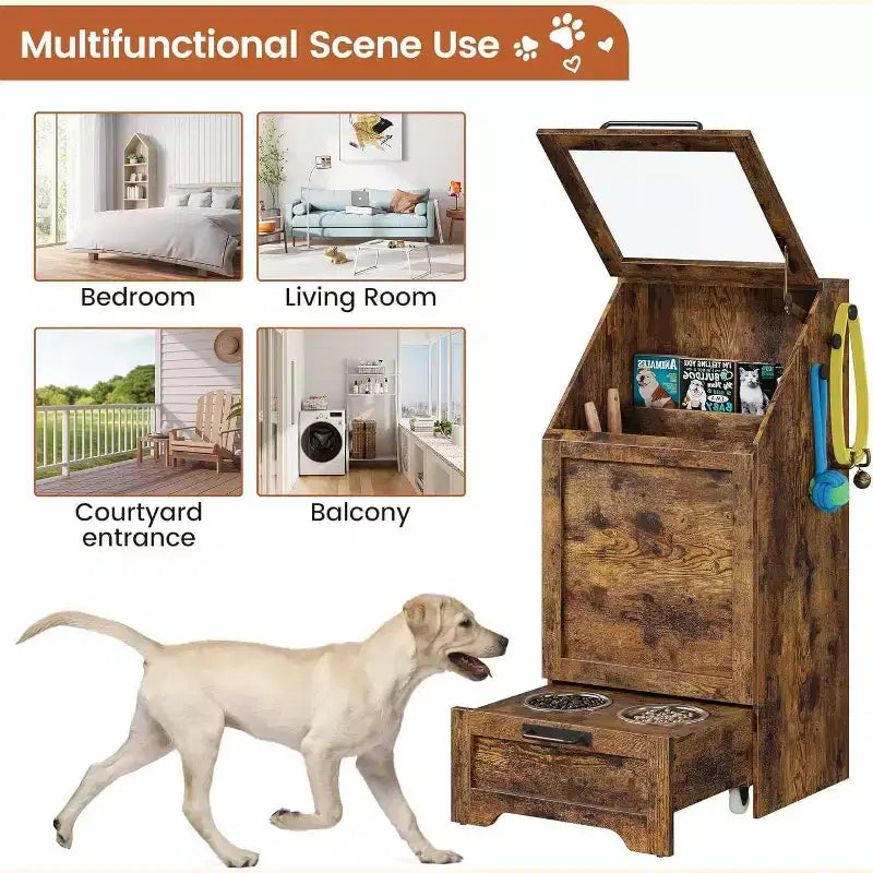 Station d'alimentation surélevée pour chien avec armoire de rangement - Comprend 2 gamelles surélevées, 3 crochets et un organisateur de récipient de nourriture caché pour les aliments et accessoires pour animaux de compagnie