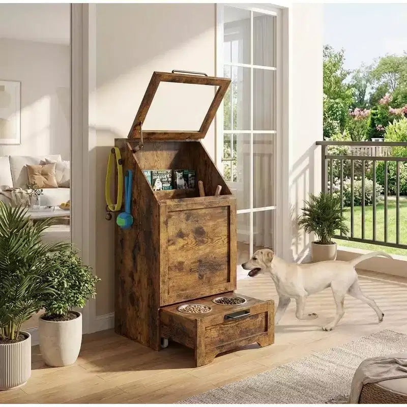 Station d'alimentation surélevée pour chien avec armoire de rangement - Comprend 2 gamelles surélevées, 3 crochets et un organisateur de récipient de nourriture caché pour les aliments et accessoires pour animaux de compagnie