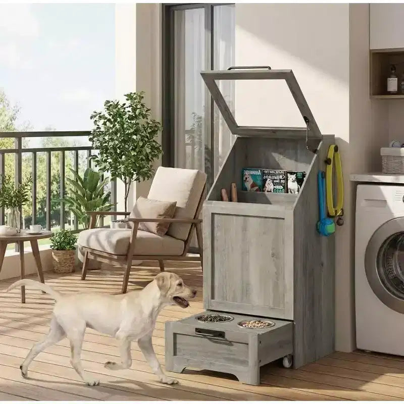 Station d'alimentation surélevée pour chien avec armoire de rangement - Comprend 2 gamelles surélevées, 3 crochets et un organisateur de récipient de nourriture caché pour les aliments et accessoires pour animaux de compagnie