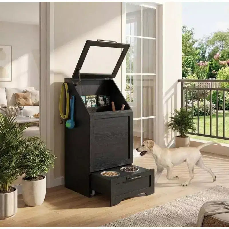 Station d'alimentation surélevée pour chien avec armoire de rangement - Comprend 2 gamelles surélevées, 3 crochets et un organisateur de récipient de nourriture caché pour les aliments et accessoires pour animaux de compagnie